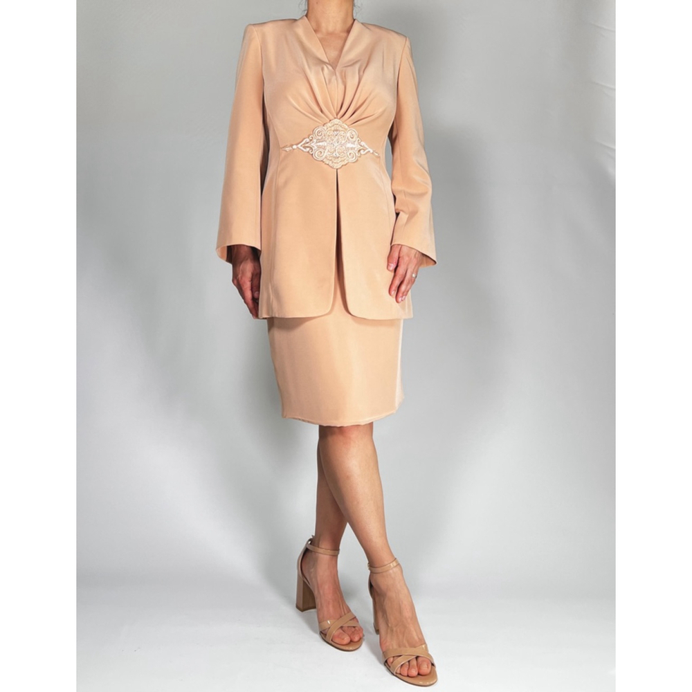 Badgley Mischka Top Skirt Suit Set Elegant Peach Beaded 6 - Picture 5 of 15